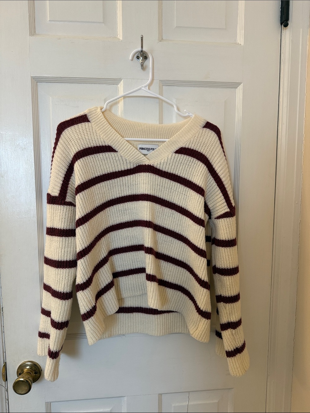 Princess Polly Cream and Burgundy Striped V-Neck Knit Sweater